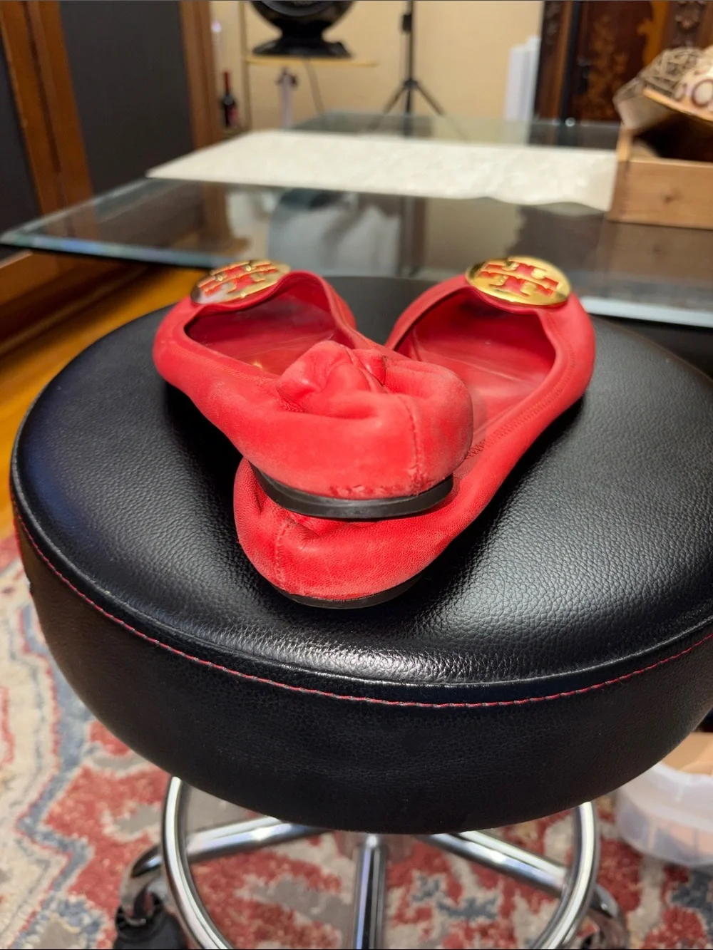 Tory Burch Red Leather Ballet Flats with Gold Logo Medallion